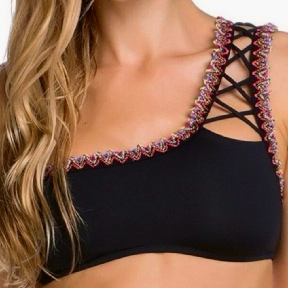 Small • Becca • Mardi Gras • embroidered •one-shoulder • bikini top • black